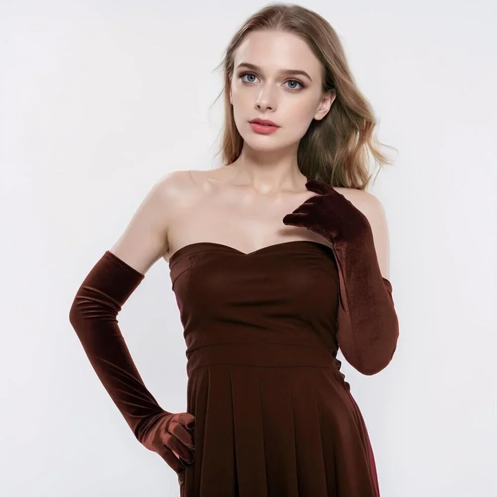 Women's Coffee Velvet Long Gloves Elbow Length Costume Flapper Evening Banquet